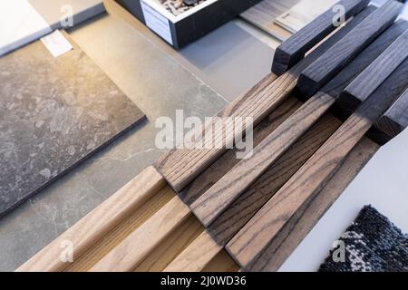 High angle view of various wooden frames on table in office Stock Photo