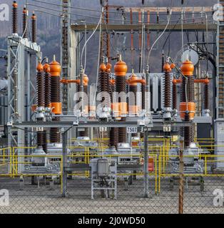 High voltage electrical transformer substation. Power station. Power line. Stock Photo