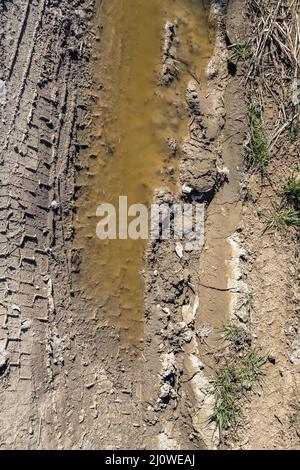 Tire tracks on a muddy road Stock Photo