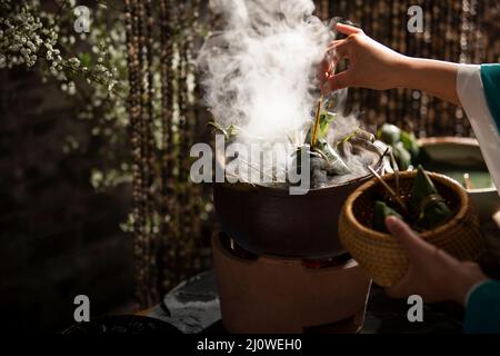 Cooking Zongzi Stock Photo