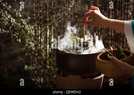 Cooking Zongzi Stock Photo