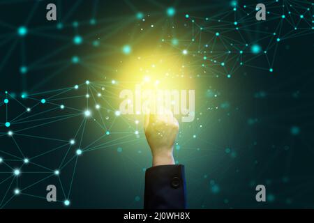 World wide web internet with connections and female hand. Wireless coverage of the planet Stock Photo
