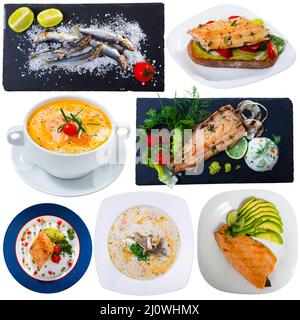 Set of assorted dishes with fish Stock Photo