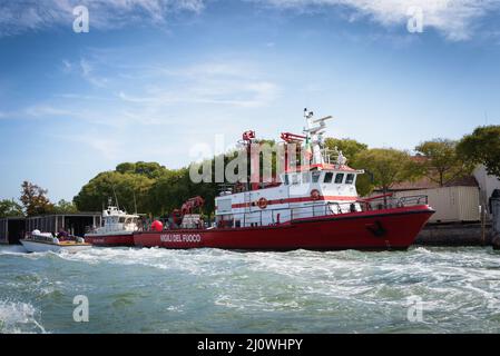 Fire rescue boats near the pier in Venice, Italy Stock Photo
