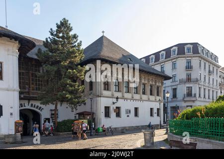 BUCHAREST, ROMANIA - AUGUST 16, 2021: Building of Manuc's Inn - oldest operating hotel in city of Bucharest, Romania Stock Photo