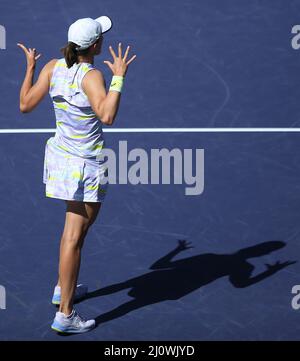 Indian Wells, United States. 20th Mar, 2022. Iga Swiatek of Poland reacts after winning her women's final match against Maria Sakkari of Greece at the BNP Paribas Open in Indian Wells, California on Sunday, March 20, 2022. Swiatek defeated Sakkari 6-4, 6-1 to win the championship and her third WTA 1000 tournament. Photo by David Silpa/UPI Credit: UPI/Alamy Live News Stock Photo