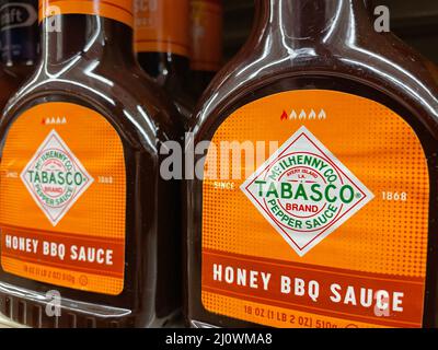 Grovetown, Ga USA - 03 19 22: Retail store shelf Tabasco BBQ sauce side view Stock Photo