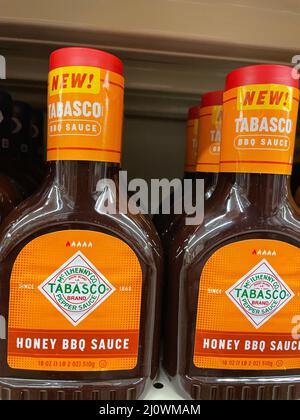 Grovetown, Ga USA - 03 19 22: Retail store shelf Tabasco BBQ sauce front view Stock Photo