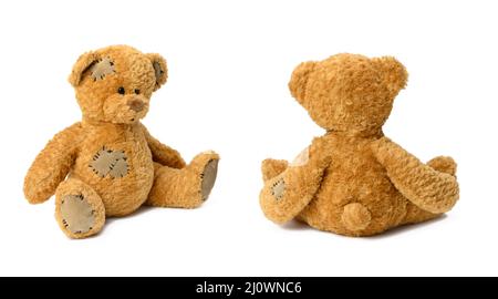 cute brown teddy bear isolated on white background, sitting back and ...