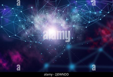 Abstract background with connected lines and dots on a dark blue background. Wireless connection illustration, information excha Stock Photo