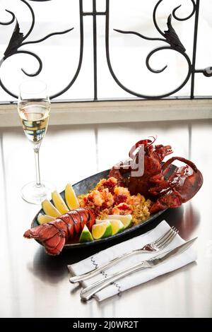 Chinese food,Lobster and Champagne Stock Photo