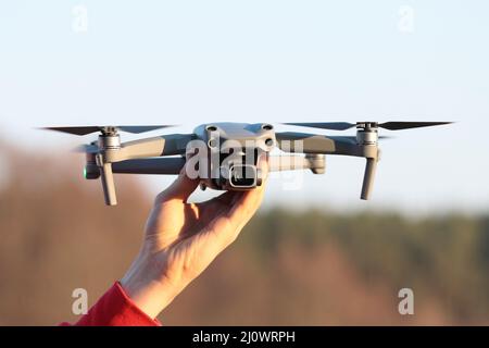 drone in the hand of the pilot Stock Photo