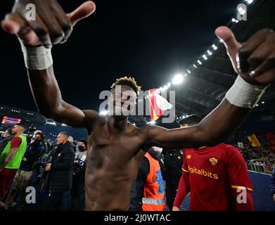 Rome, Italy. 20th Mar, 2022. Roma's Tammy Abraham celebrates at the end of the Serie A football match between Roma and Lazio in Rome, Italy, on March 20, 2022. Credit: Alberto Lingria/Xinhua/Alamy Live News Stock Photo