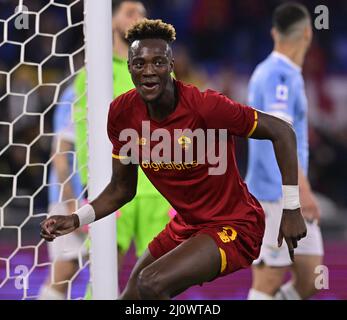 Rome, Italy. 20th Mar, 2022. Roma's Tammy Abraham celebrates his goal during a Serie A football match between Roma and Lazio in Rome, Italy, on March 20, 2022. Credit: Alberto Lingria/Xinhua/Alamy Live News Stock Photo