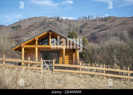 Traditional wooden log house on the meadow in the winter. Stock Photo