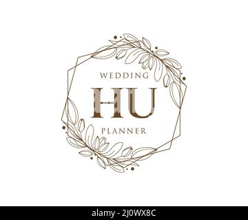 HU Initials letter Wedding monogram logos collection, hand drawn modern minimalistic and floral templates for Invitation cards, Save the Date, elegant Stock Vector