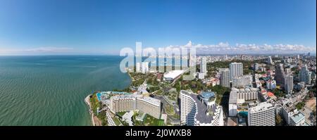 Sunset on Cosy Beach Pattaya Thailand , drone view on the beach during sunset in Pattaya Thailand Stock Photo