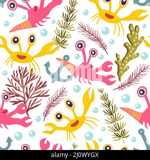 Cute seamless pattern with crabs.Cartoon doodle print with happy sea creatures for children and nursery textile and decor. Stock Vector