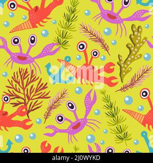 Cute seamless pattern with crabs.Cartoon doodle print with happy sea creatures for children and nursery textile and decor. Stock Vector