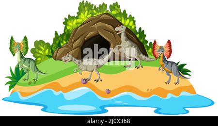 Scene with dinosaurs on island illustration Stock Vector