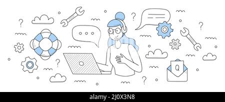 Customer help and support service background. Vector doodle illustration of call center and hotline with girl operator in headset, laptop, message with question, lifebuoy and gears Stock Vector