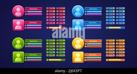 Game user menu panels, rpg gamer profiles, daily rewards, username, health, power sliders. Graphic interface design with level assets coins, gem stones, money bills, ranking stars, Vector illustration Stock Vector