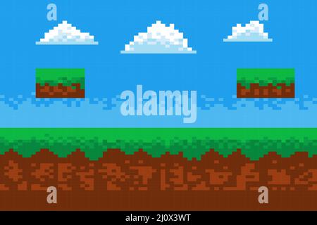 vector illustration pixel art of highlands landscapes arcade game background Stock Vector