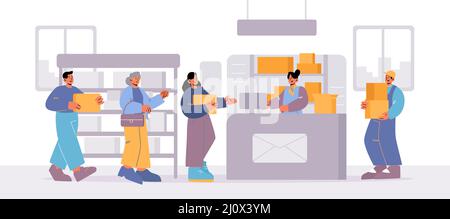 People visit post office. Men and women customers stand in queue on reception desk with worker giving parcels and man employee bring boxes. Mail delivery service, postage, Line art vector illustration Stock Vector