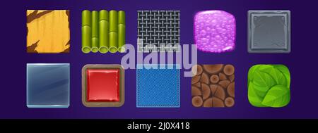 Square buttons with metal plate, bamboo, denim and glass textures for ui game design. Vector cartoon set of buttons from jelly with bubbles, wire net, rusty iron, wood and green leaves Stock Vector
