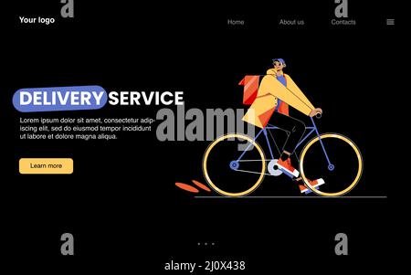 Delivery service cartoon landing page, man on bicycle deliver goods. Correspondence, mail, documents, food, parcels express shipping, order transportation to customers, Line art flat vector web banner Stock Vector