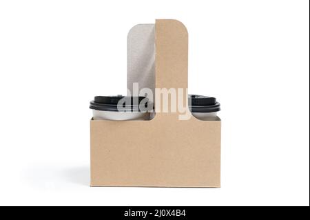 Disposable paper coffee cup isolated on white background. Coffee - Drink, On The Move, Packing, Advertisement, Blank Stock Photo