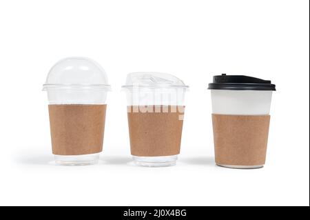 Disposable paper coffee cup isolated on white background. Coffee - Drink, On The Move, Packing, Advertisement, Blank Stock Photo