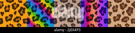 Color textures of leopard skin with spots. Vector set of seamless patterns with cheetah fur with rainbow gradient. Wild african cat skin print for textile or game design Stock Vector