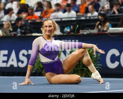 LSU gymnast Alyona Shchennikova performs her uneven bars routine during ...