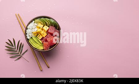 Flat lay assortment delicious poke bowl. High quality beautiful photo concept Stock Photo