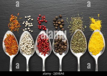 Top view spoons with powder condiments. High quality beautiful photo concept Stock Photo
