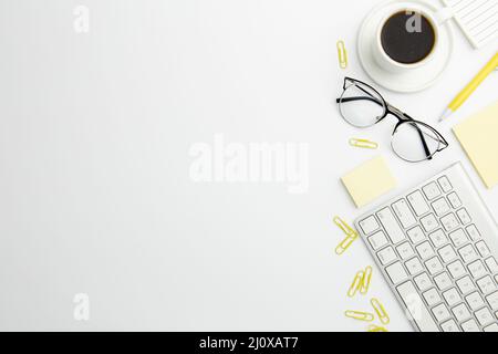 Flat lay stationary arrangement desk with copy space coffee Stock Photo