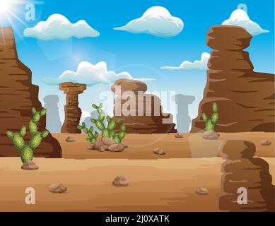 Desert landscape background with rocks and cactus Stock Vector