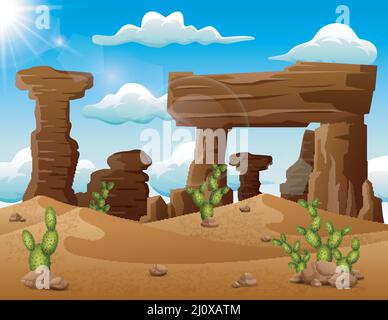 Desert landscape background with rocks and cactus Stock Vector