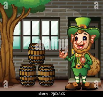 Cartoon Leprechaun carrying sack of gold in front of the house Stock Vector