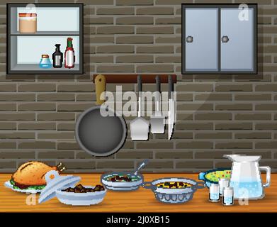 Cuisine on the dining table in the kitchen Stock Vector