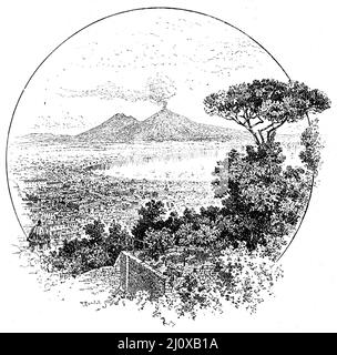 Engraving of Mount Vesuvius letting off smoke during the late 1800s Stock Photo