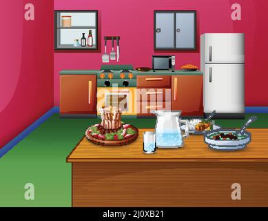 Cartoon pink style kitchen interior with wooden table and food Stock Vector