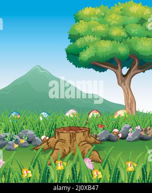 Colorful Easter eggs on green grass with beautiful landscape Stock Vector