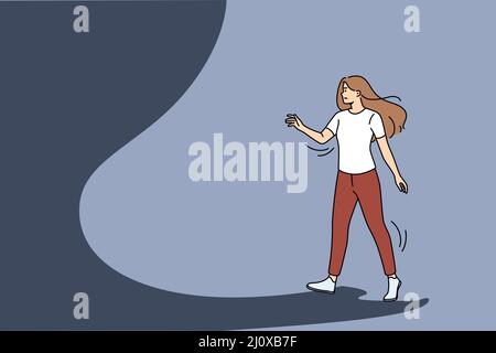 Anxious young woman look in unknown future. Worried girl on light path step dark way facing darkness and uncertainty. Fear and challenge, overcome difficulties. Vector illustration.  Stock Vector