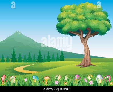 Colorful Easter eggs on green grass with beautiful landscape Stock Vector