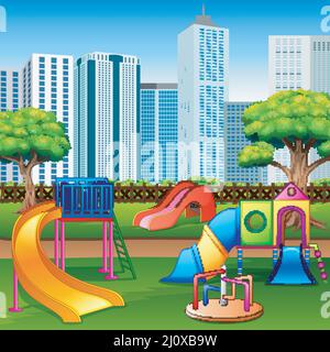 Playground for kids in summer city park. Vector cartoon illustration of ...