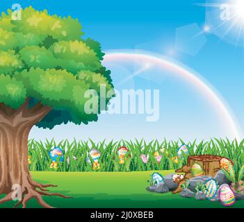 Happy easter nature background with rainbow Stock Vector