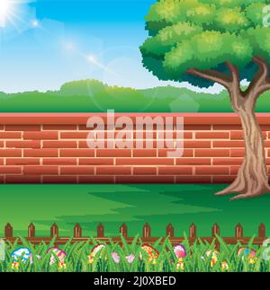 Happy easter on the nature with a brick fence background Stock Vector