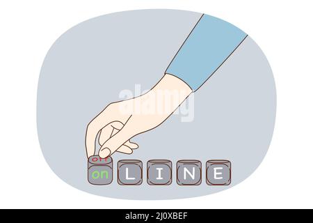 Going online from offline concept. Human hand turning buttons pulling offline word to online getting out of quarantine period vector illustration  Stock Vector